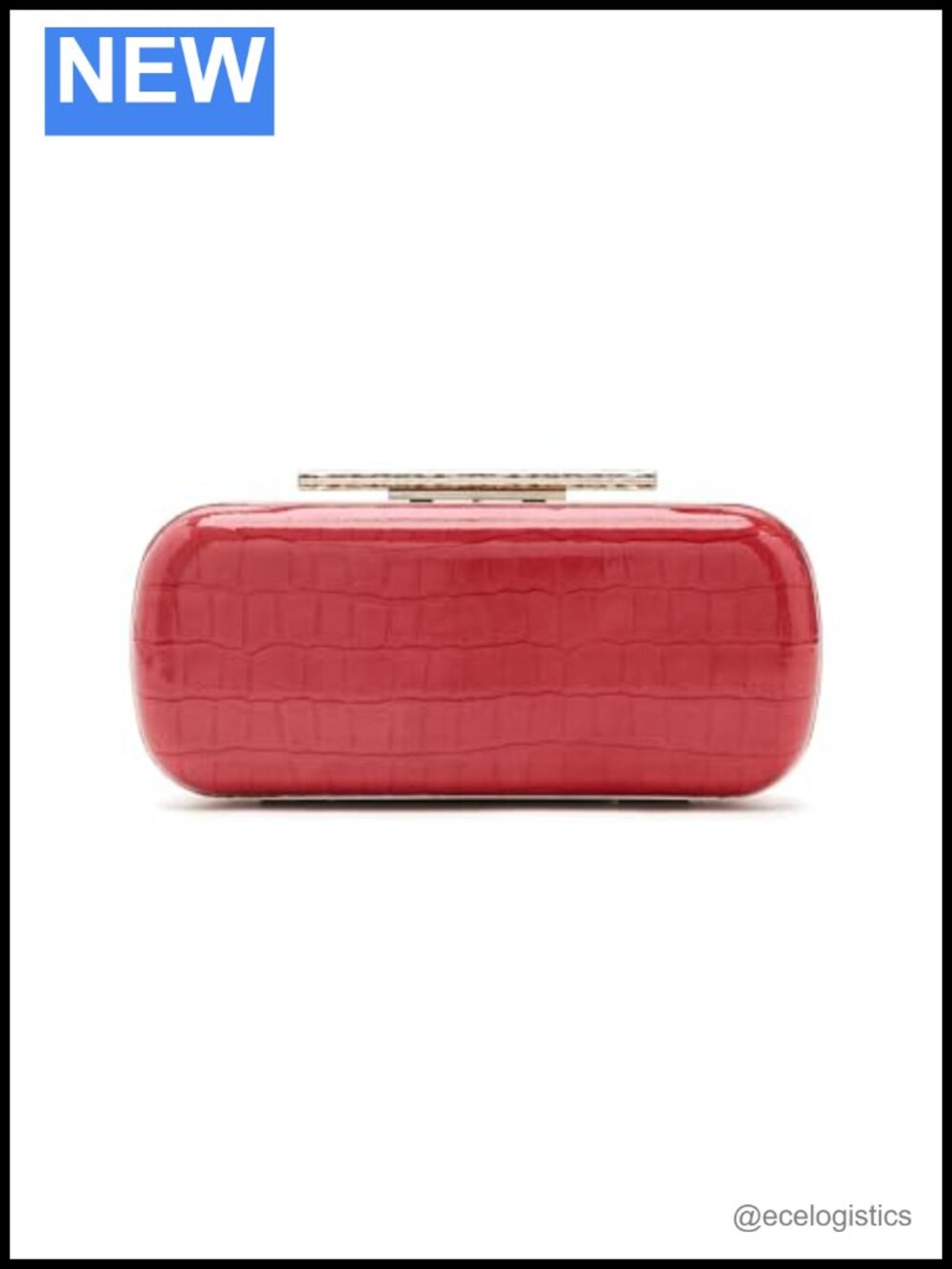 Leather Clutch with Goldtone Chain Strap, Structured Design, Clasp Closure